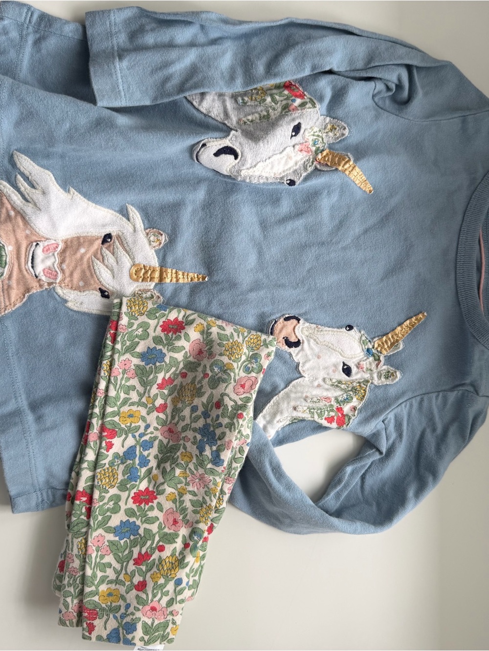 Mini Boden Light Blue Unicorn Appliqué Pajama Set with Floral Pants